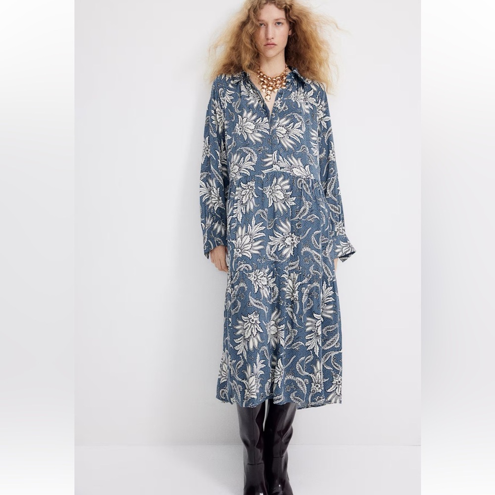 H&M Midi Shirt Dress in Paisley Blue Print Sz S NWT - Picture 2 of 8